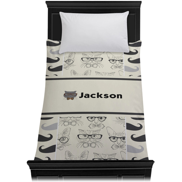 Hipster Cats & Mustache Duvet Cover - Twin XL - On Bed - No Prop