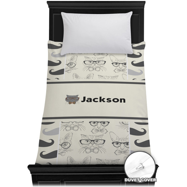 Custom Hipster Cats & Mustache Duvet Cover - Twin XL (Personalized)