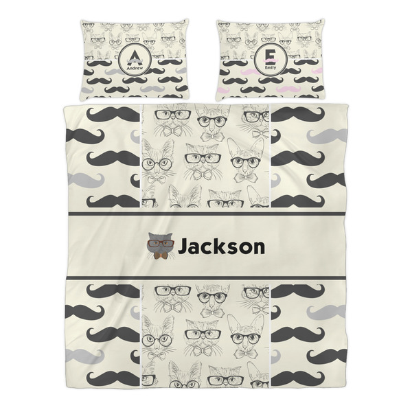 Hipster Cats & Mustache Duvet cover Set - Queen - Alt Approval