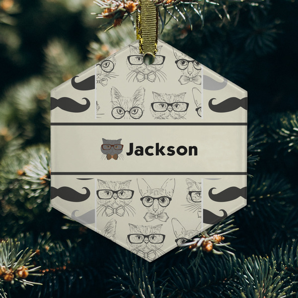 Hipster Cats & Mustache Frosted Glass Ornament - Hexagon (Lifestyle)