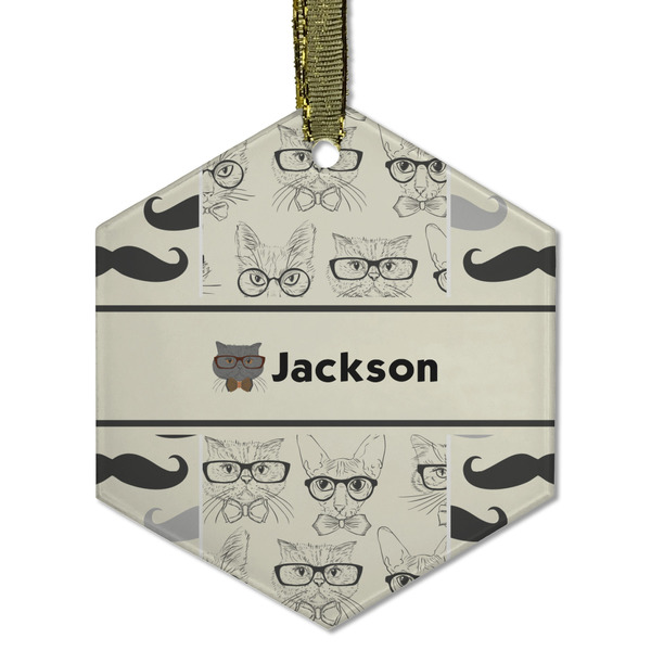 Custom Hipster Cats & Mustache Flat Glass Ornament - Hexagon w/ Name or Text