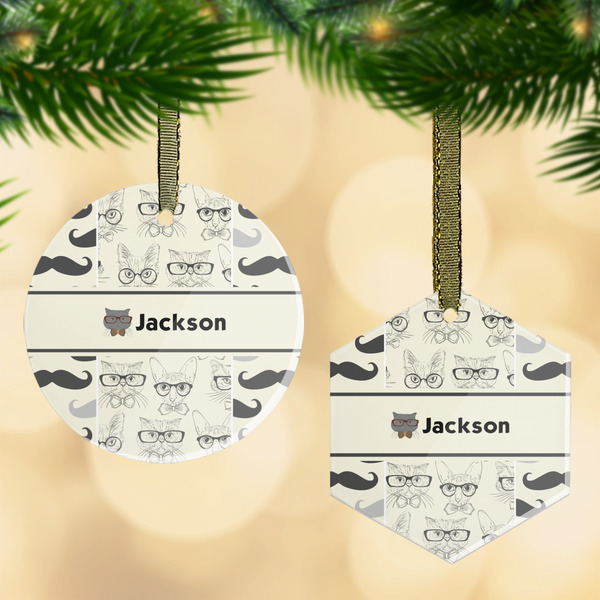 Custom Hipster Cats & Mustache Flat Glass Ornament w/ Name or Text