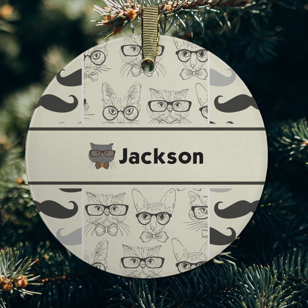 Hipster Cats & Mustache Frosted Glass Ornament - Round (Lifestyle)