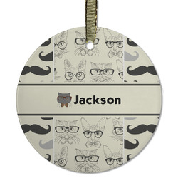 Hipster Cats & Mustache Flat Glass Ornament - Round w/ Name or Text