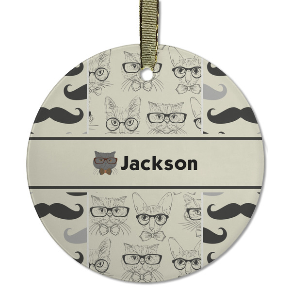 Custom Hipster Cats & Mustache Flat Glass Ornament - Round w/ Name or Text