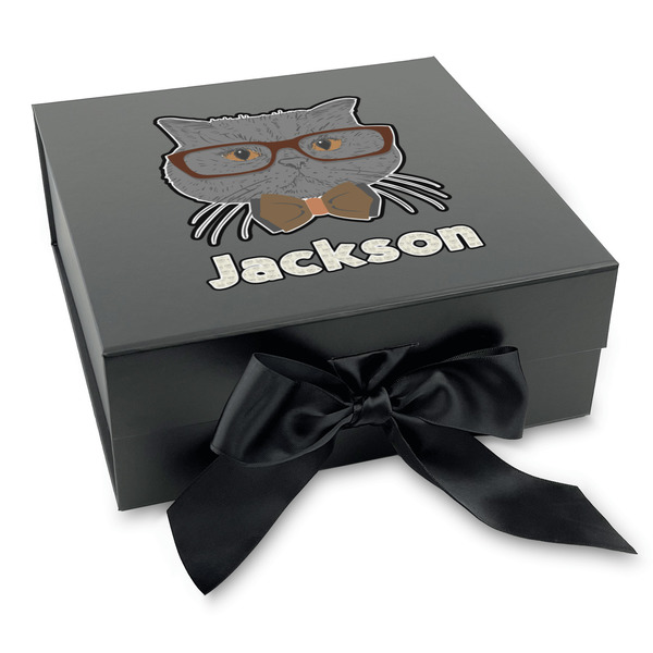 Hipster Cats & Mustache Gift Boxes with Magnetic Lid - Black - Front (angle)