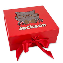 Hipster Cats & Mustache Gift Box with Magnetic Lid - Red (Personalized)