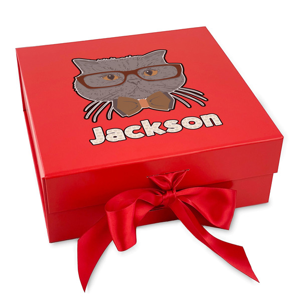 Custom Hipster Cats & Mustache Gift Box with Magnetic Lid - Red (Personalized)