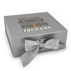 Hipster Cats & Mustache Gift Box with Magnetic Lid - Silver (Personalized)