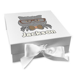 Hipster Cats & Mustache Gift Box with Magnetic Lid - White (Personalized)