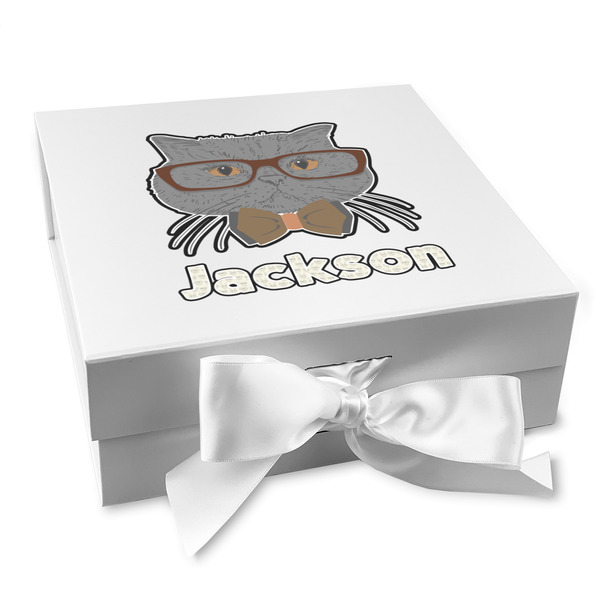 Custom Hipster Cats & Mustache Gift Box with Magnetic Lid - White (Personalized)