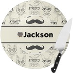 Hipster Cats & Mustache Round Glass Cutting Board (Personalized)