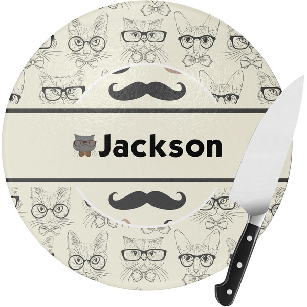 Custom Hipster Cats & Mustache Round Glass Cutting Board (Personalized)