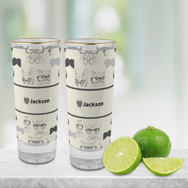 Hipster Cats & Mustache Glass Shot Glass - 2 oz - LIFESTYLE