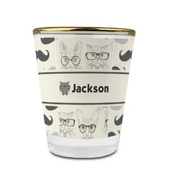 Hipster Cats & Mustache Glass Shot Glass - 1.5 oz - with Gold Rim - Single (Personalized)