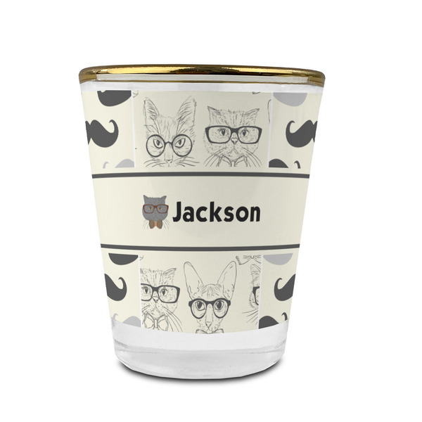 Custom Hipster Cats & Mustache Glass Shot Glass - 1.5 oz - with Gold Rim - Single (Personalized)