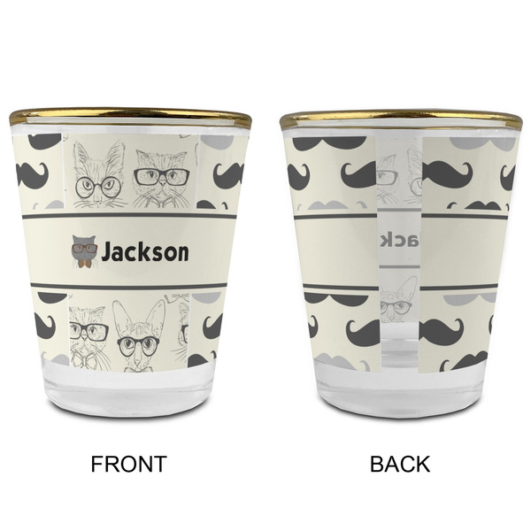 Hipster Cats & Mustache Glass Shot Glass - with gold rim - APPROVAL