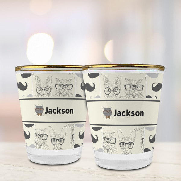 Hipster Cats & Mustache Glass Shot Glass - with gold rim - LIFESTYLE
