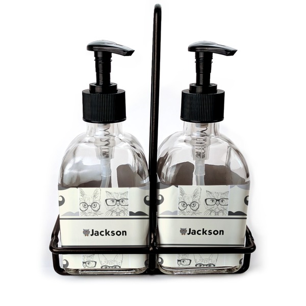 Custom Hipster Cats & Mustache Glass Soap & Lotion Bottle Set (Personalized)