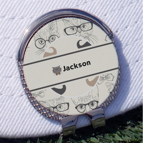 Hipster Cats & Mustache Golf Ball Marker Hat Clip - Silver - Front