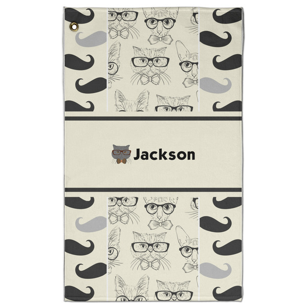 Custom Hipster Cats & Mustache Golf Towel - Poly-Cotton Blend - Large w/ Name or Text