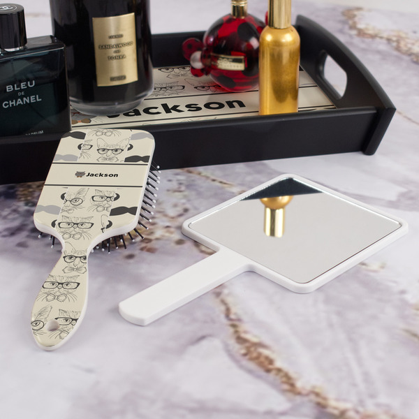 Hipster Cats & Mustache Hair Brush - With Hand Mirror