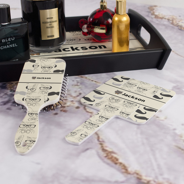 Hipster Cats & Mustache Hair Brush and Hand Mirror - Bathroom Scene