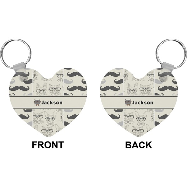 Hipster Cats & Mustache Heart Keychain (Front + Back)
