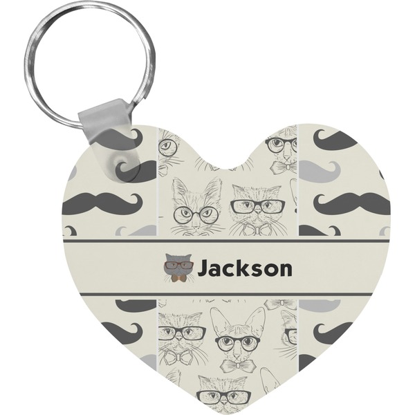 Custom Hipster Cats & Mustache Heart Plastic Keychain w/ Name or Text