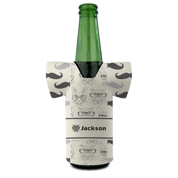 Hipster Cats & Mustache Jersey Bottle Cooler - FRONT (on bottle)