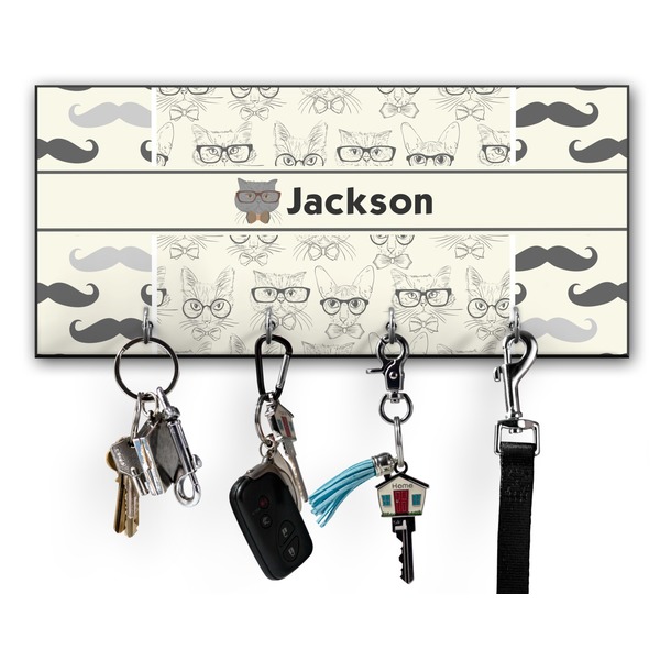 Custom Hipster Cats & Mustache Key Hanger w/ 4 Hooks w/ Graphics and Text