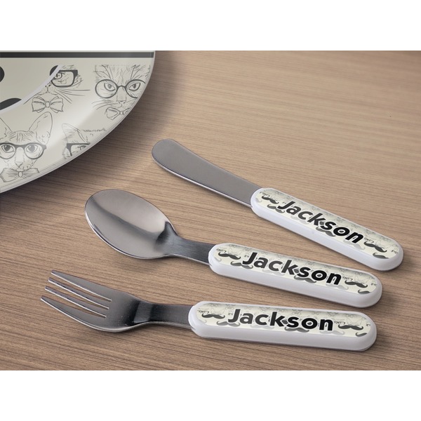 Hipster Cats & Mustache Kids Flatware w/ Plate