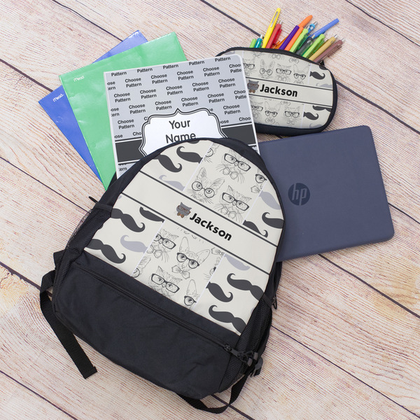 Hipster Cats & Mustache Large Backpack - Black - With Stuff