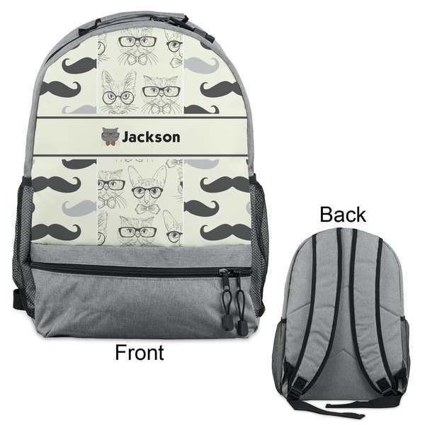Hipster Cats & Mustache Large Backpack - Gray - Front & Back View