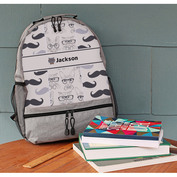 Hipster Cats & Mustache Large Backpack - Gray - On Desk