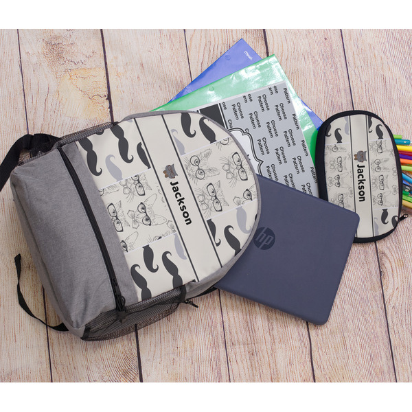 Hipster Cats & Mustache Large Backpack - Gray - With Stuff