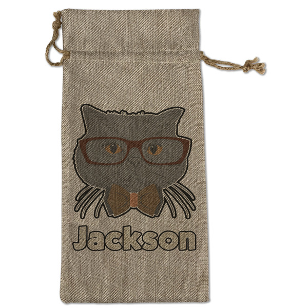 Custom Hipster Cats & Mustache Large Burlap Gift Bag - Front (Personalized)