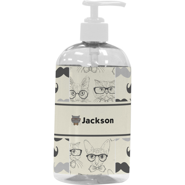 Custom Hipster Cats & Mustache Plastic Soap / Lotion Dispenser (16 oz - Large - White) (Personalized)