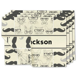 Hipster Cats & Mustache Double-Sided Linen Placemat - Set of 4 w/ Name or Text