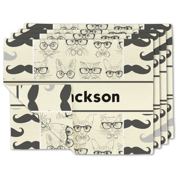 Custom Hipster Cats & Mustache Double-Sided Linen Placemat - Set of 4 w/ Name or Text