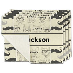 Hipster Cats & Mustache Single-Sided Linen Placemat - Set of 4 w/ Name or Text