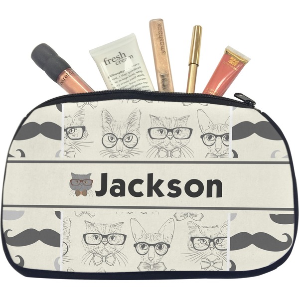 Custom Hipster Cats & Mustache Makeup / Cosmetic Bag - Medium (Personalized)