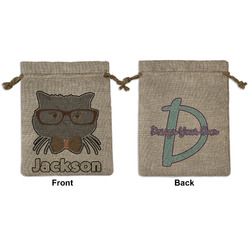 Hipster Cats & Mustache Medium Burlap Gift Bag - Front & Back (Personalized)