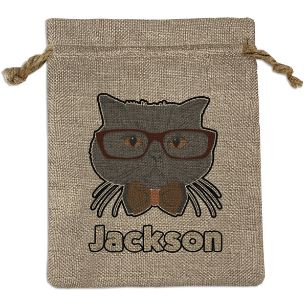 Custom Hipster Cats & Mustache Medium Burlap Gift Bag - Front (Personalized)