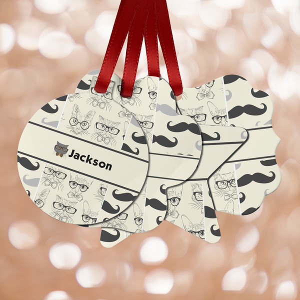 Custom Hipster Cats & Mustache Metal Ornaments - Double Sided w/ Name or Text