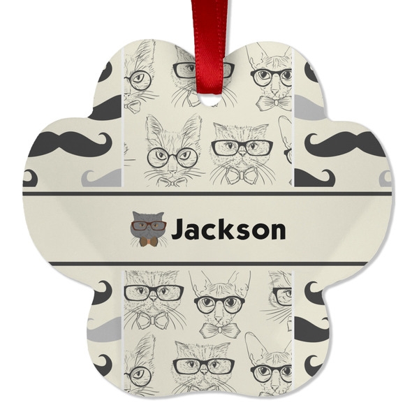 Custom Hipster Cats & Mustache Metal Paw Ornament - Double Sided w/ Name or Text