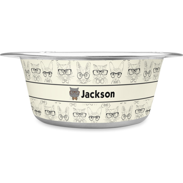 Custom Hipster Cats & Mustache Stainless Steel Dog Bowl - Medium (Personalized)