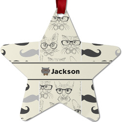 Hipster Cats & Mustache Metal Star Ornament - Double Sided w/ Name or Text