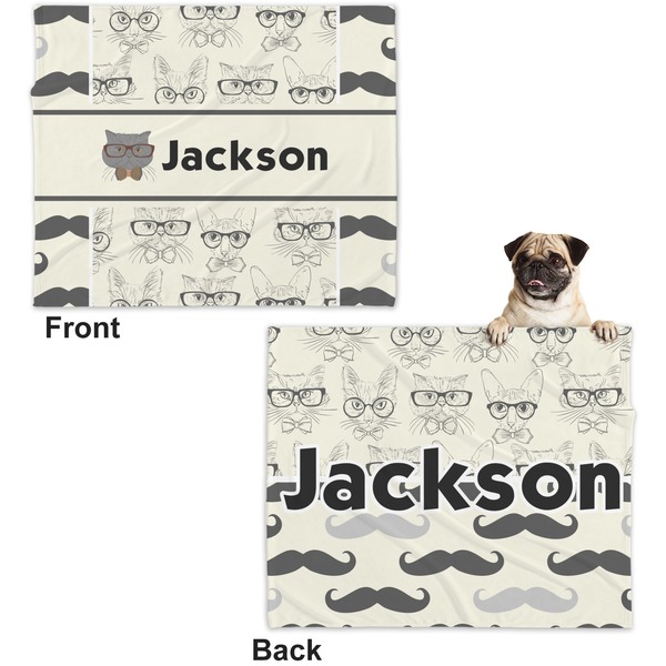 Hipster Cats & Mustache Microfleece Dog Blanket - Large- Front & Back
