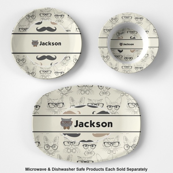Hipster Cats & Mustache Microwave & Dishwasher Safe CP Plastic Dishware - Group